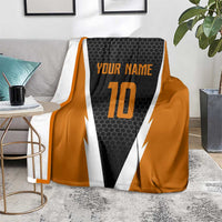 Bass Fishing Blanket Jumping Largemouth Fish on Black Hex Pattern and Orange White Lightning Accents - Wonder Print Shop