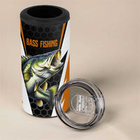 Bass Fishing 4 in 1 Can Cooler Tumbler Jumping Largemouth Fish on Black Hex Pattern and Orange White Lightning Accents - Wonder Print Shop