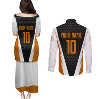Bass Fishing Couples Matching Puletasi and Long Sleeve Button Shirt Jumping Largemouth Fish on Black Hex Pattern and Orange White Lightning Accents - Wonder Print Shop