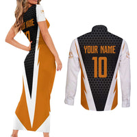 Bass Fishing Couples Matching Short Sleeve Bodycon Dress and Long Sleeve Button Shirt Jumping Largemouth Fish on Black Hex Pattern and Orange White Lightning Accents - Wonder Print Shop
