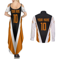 Bass Fishing Couples Matching Summer Maxi Dress and Long Sleeve Button Shirt Jumping Largemouth Fish on Black Hex Pattern and Orange White Lightning Accents - Wonder Print Shop