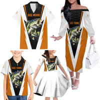 Bass Fishing Family Matching Off The Shoulder Long Sleeve Dress and Hawaiian Shirt Jumping Largemouth Fish on Black Hex Pattern and Orange White Lightning Accents - Wonder Print Shop