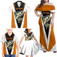 Bass Fishing Family Matching Off Shoulder Maxi Dress and Hawaiian Shirt Jumping Largemouth Fish on Black Hex Pattern and Orange White Lightning Accents - Wonder Print Shop