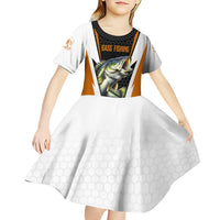 Bass Fishing Kid Short Sleeve Dress Jumping Largemouth Fish on Black Hex Pattern and Orange White Lightning Accents - Wonder Print Shop
