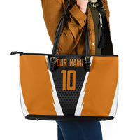 Bass Fishing Leather Tote Bag Jumping Largemouth Fish on Black Hex Pattern and Orange White Lightning Accents - Wonder Print Shop