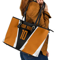 Bass Fishing Leather Tote Bag Jumping Largemouth Fish on Black Hex Pattern and Orange White Lightning Accents - Wonder Print Shop
