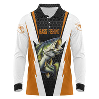 Bass Fishing Long Sleeve Polo Shirt Jumping Largemouth Fish on Black Hex Pattern and Orange White Lightning Accents - Wonder Print Shop