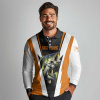 Bass Fishing Long Sleeve Polo Shirt Jumping Largemouth Fish on Black Hex Pattern and Orange White Lightning Accents - Wonder Print Shop