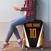 Bass Fishing Luggage Cover Jumping Largemouth Fish on Black Hex Pattern and Orange White Lightning Accents - Wonder Print Shop