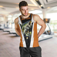 Bass Fishing Men Tank Top Jumping Largemouth Fish on Black Hex Pattern and Orange White Lightning Accents - Wonder Print Shop
