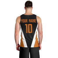 Bass Fishing Men Tank Top Jumping Largemouth Fish on Black Hex Pattern and Orange White Lightning Accents - Wonder Print Shop