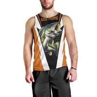 Bass Fishing Men Tank Top Jumping Largemouth Fish on Black Hex Pattern and Orange White Lightning Accents - Wonder Print Shop