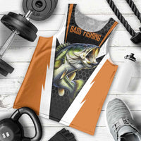 Bass Fishing Men Tank Top Jumping Largemouth Fish on Black Hex Pattern and Orange White Lightning Accents - Wonder Print Shop