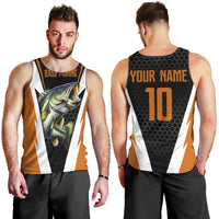 Bass Fishing Men Tank Top Jumping Largemouth Fish on Black Hex Pattern and Orange White Lightning Accents - Wonder Print Shop