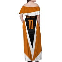 Bass Fishing Off Shoulder Maxi Dress Jumping Largemouth Fish on Black Hex Pattern and Orange White Lightning Accents - Wonder Print Shop