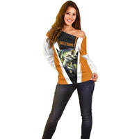 Bass Fishing Off Shoulder Sweater Jumping Largemouth Fish on Black Hex Pattern and Orange White Lightning Accents - Wonder Print Shop