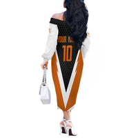 Bass Fishing Off The Shoulder Long Sleeve Dress Jumping Largemouth Fish on Black Hex Pattern and Orange White Lightning Accents - Wonder Print Shop