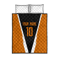 Bass Fishing Quilt Bed Set Jumping Largemouth Fish on Black Hex Pattern and Orange White Lightning Accents - Wonder Print Shop