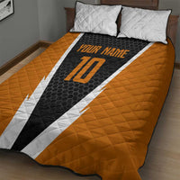 Bass Fishing Quilt Bed Set Jumping Largemouth Fish on Black Hex Pattern and Orange White Lightning Accents - Wonder Print Shop