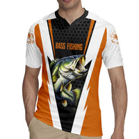 Bass Fishing Rugby Jersey Jumping Largemouth Fish on Black Hex Pattern and Orange White Lightning Accents - Wonder Print Shop