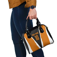 Bass Fishing Shoulder Handbag Jumping Largemouth Fish on Black Hex Pattern and Orange White Lightning Accents - Wonder Print Shop