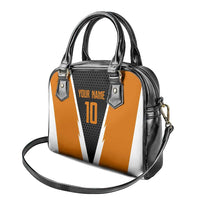 Bass Fishing Shoulder Handbag Jumping Largemouth Fish on Black Hex Pattern and Orange White Lightning Accents - Wonder Print Shop