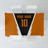 Bass Fishing Tablecloth Jumping Largemouth Fish on Black Hex Pattern and Orange White Lightning Accents - Wonder Print Shop