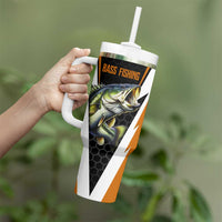 Bass Fishing Tumbler With Handle Jumping Largemouth Fish on Black Hex Pattern and Orange White Lightning Accents - Wonder Print Shop