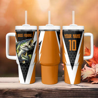 Bass Fishing Tumbler With Handle Jumping Largemouth Fish on Black Hex Pattern and Orange White Lightning Accents - Wonder Print Shop
