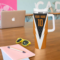 Bass Fishing Tumbler With Handle Jumping Largemouth Fish on Black Hex Pattern and Orange White Lightning Accents - Wonder Print Shop