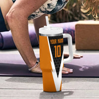 Bass Fishing Tumbler With Handle Jumping Largemouth Fish on Black Hex Pattern and Orange White Lightning Accents - Wonder Print Shop