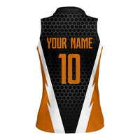 Bass Fishing Women Sleeveless Polo Shirt Jumping Largemouth Fish on Black Hex Pattern and Orange White Lightning Accents - Wonder Print Shop