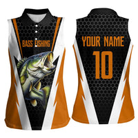Bass Fishing Women Sleeveless Polo Shirt Jumping Largemouth Fish on Black Hex Pattern and Orange White Lightning Accents - Wonder Print Shop