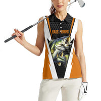 Bass Fishing Women Sleeveless Polo Shirt Jumping Largemouth Fish on Black Hex Pattern and Orange White Lightning Accents - Wonder Print Shop