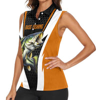 Bass Fishing Women Sleeveless Polo Shirt Jumping Largemouth Fish on Black Hex Pattern and Orange White Lightning Accents - Wonder Print Shop