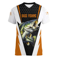 Bass Fishing Women V-Neck T-Shirt Jumping Largemouth Fish on Black Hex Pattern and Orange White Lightning Accents - Wonder Print Shop