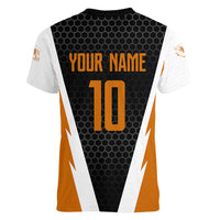 Bass Fishing Women V-Neck T-Shirt Jumping Largemouth Fish on Black Hex Pattern and Orange White Lightning Accents - Wonder Print Shop