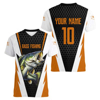 Bass Fishing Women V-Neck T-Shirt Jumping Largemouth Fish on Black Hex Pattern and Orange White Lightning Accents - Wonder Print Shop