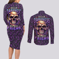 Skull Couples Matching Long Sleeve Bodycon Dress and Long Sleeve Button Shirts Hello Darkness My Old Friend - Horror Seamless Pattern Purple - Wonder Print Shop