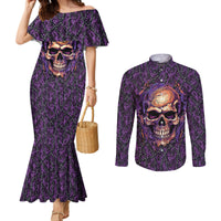 skull-couples-matching-mermaid-dress-and-long-sleeve-button-shirts-hello-darkness-my-old-friend-horror-seamless-pattern-purple
