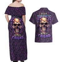 Skull Couples Matching Off Shoulder Maxi Dress and Hawaiian Shirt Hello Darkness My Old Friend - Horror Seamless Pattern Purple - Wonder Print Shop