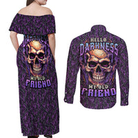 Skull Couples Matching Off Shoulder Maxi Dress and Long Sleeve Button Shirts Hello Darkness My Old Friend - Horror Seamless Pattern Purple - Wonder Print Shop