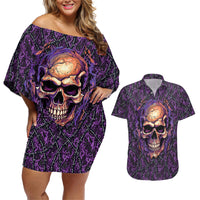 Skull Couples Matching Off Shoulder Short Dress and Hawaiian Shirt Hello Darkness My Old Friend - Horror Seamless Pattern Purple - Wonder Print Shop