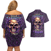 Skull Couples Matching Off Shoulder Short Dress and Hawaiian Shirt Hello Darkness My Old Friend - Horror Seamless Pattern Purple - Wonder Print Shop