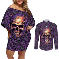 Skull Couples Matching Off Shoulder Short Dress and Long Sleeve Button Shirts Hello Darkness My Old Friend - Horror Seamless Pattern Purple - Wonder Print Shop