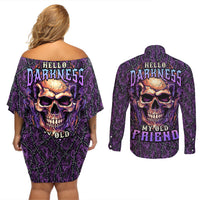 Skull Couples Matching Off Shoulder Short Dress and Long Sleeve Button Shirts Hello Darkness My Old Friend - Horror Seamless Pattern Purple - Wonder Print Shop
