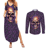Skull Couples Matching Summer Maxi Dress and Long Sleeve Button Shirts Hello Darkness My Old Friend - Horror Seamless Pattern Purple - Wonder Print Shop
