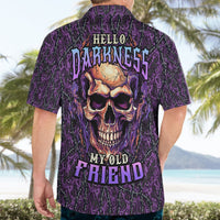 Purple Hawaiian shirt with back skull face and 'Hello Darkness' 'My Old Friend' print