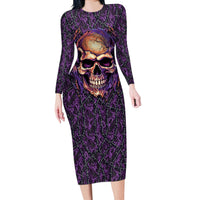 Skull Long Sleeve Bodycon Dress Hello Darkness My Old Friend - Horror Seamless Pattern Purple - Wonder Print Shop