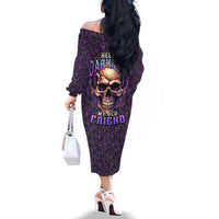 Skull Off The Shoulder Long Sleeve Dress Hello Darkness My Old Friend - Horror Seamless Pattern Purple - Wonder Print Shop